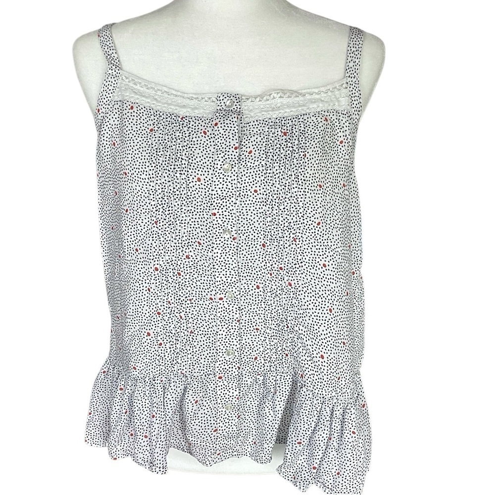 Lucky Brand Blue & Red Polka Dot on White Lace Trim Cotton Tank Top Size Large - Picture 3 of 16